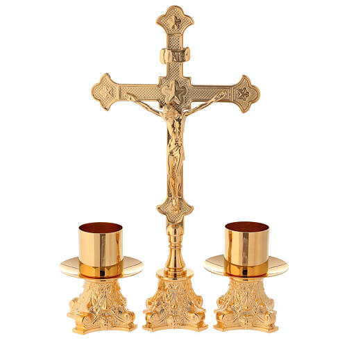 Świeczniki i krzyż na ołtarz mosiądz pozłacany 24 kr 30 cm 1