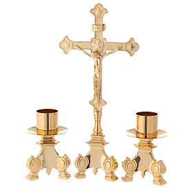 Complete altar cross and brass candlesticks 35 cm