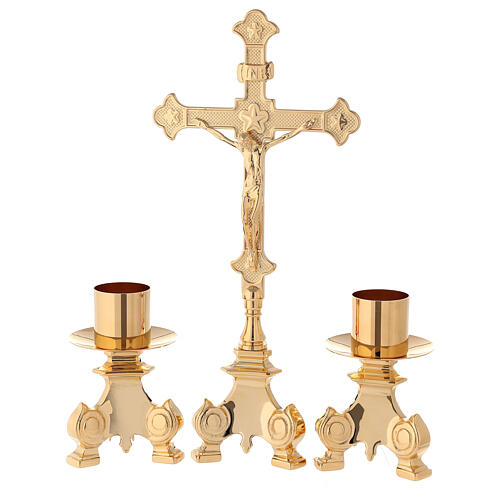 Complete altar cross and brass candlesticks 35 cm 1