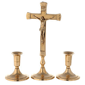Set of altar crucifix and decorated polished brass candlesticks 30 cm