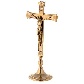 Set of altar crucifix and decorated polished brass candlesticks 30 cm