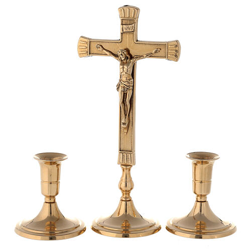 Set of altar crucifix and decorated polished brass candlesticks 30 cm 1