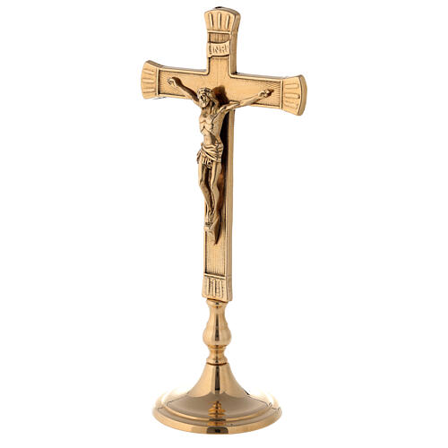 Set of altar crucifix and decorated polished brass candlesticks 30 cm 2