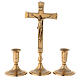 Set of altar crucifix and decorated polished brass candlesticks 30 cm s1