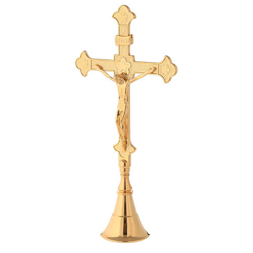 Altarset aus Kreuz und zwei Leuchtern aus glänzendem vergoldetem Messing, 30 cm 2