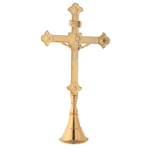 Altarset aus Kreuz und zwei Leuchtern aus glänzendem vergoldetem Messing, 30 cm 4
