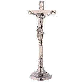 Conjunto cruz de altar e castiçais latão prateado 40 cm