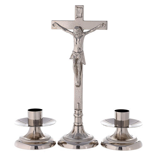 Conjunto cruz de altar e castiçais latão prateado 40 cm 1