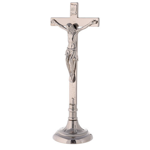 Conjunto cruz de altar e castiçais latão prateado 40 cm 2