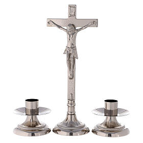 Altar cross and silver-plated brass candlesticks set 40 cm