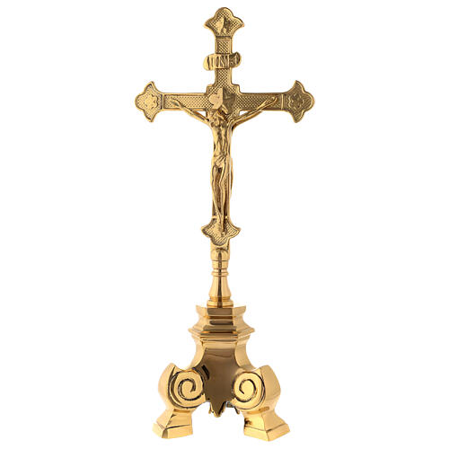 Cruz de altar latão dourado decorada fronte e verso h 35 cm 1