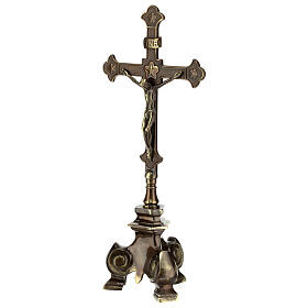 Altar set of cross and candle holders of old-finished brass