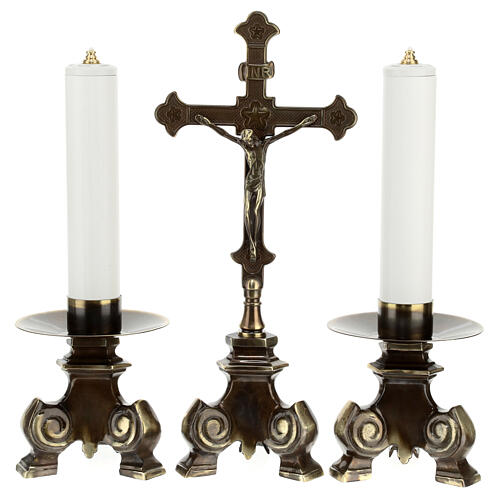 Altar set of cross and candle holders of old-finished brass 1