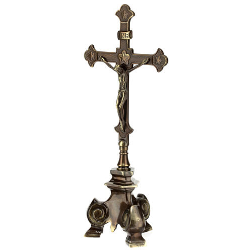 Altar set of cross and candle holders of old-finished brass 2