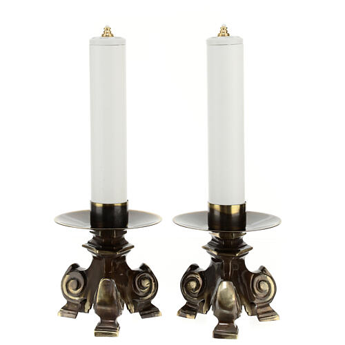 Altar set of cross and candle holders of old-finished brass 3