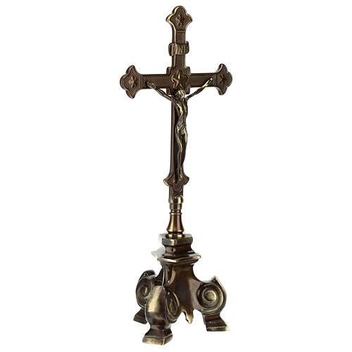 Altar set of cross and candle holders of old-finished brass 5