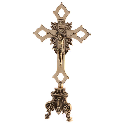 Conjunto de altar cruz bizantina dupla e castiçais barrocos latão 2