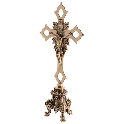 Altar set with double Byzantine cross and baroque brass candlesticks 4