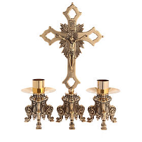 Altar cross with candlesticks and Byzantine cross, simple base, polished brass