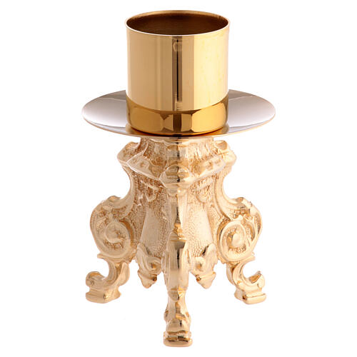 Altargarnitur vergoldet – dreilappiges Kreuz mit Korpus Christi und 2 Kerzenleuchter, Basen im Rokoko-Stil 5