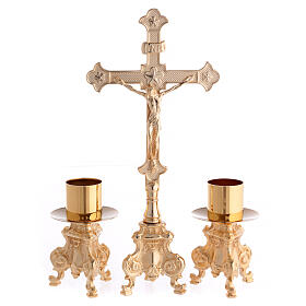 Gold plated altar set with rococo base, budded cross and candlesticks