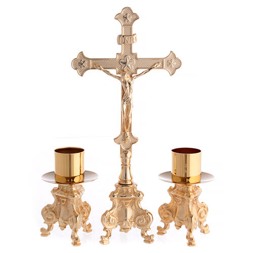 Gold plated altar set with rococo base, budded cross and candlesticks 1