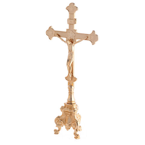 Conjunto altar dourado base rococó cruz em trevo castiçais 4