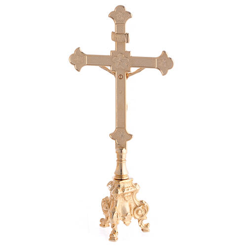 Conjunto altar dourado base rococó cruz em trevo castiçais 7