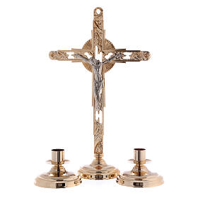 Brass altar set with bicoloured crucifix and candlesticks