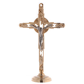 Brass altar set with bicoloured crucifix and candlesticks