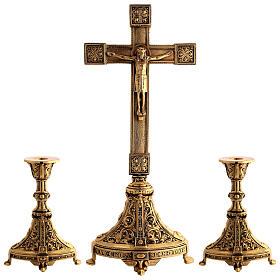 Altar set of cross and candlesticks, burnished brass, bifacial cross, h 21 in