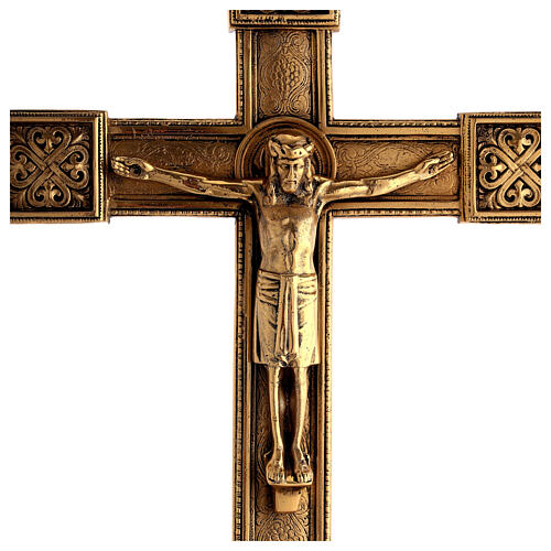 Cruz de altar e castiçais latão brunido biface h 54 cm 2