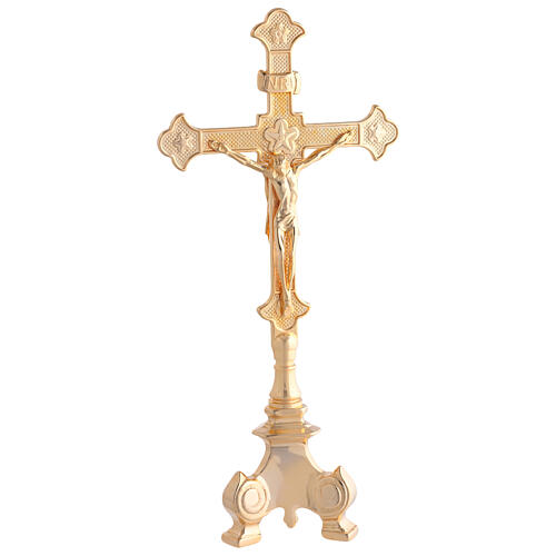 Cruz de mesa dupla e par de castiçais dourados 30x15 cm 4