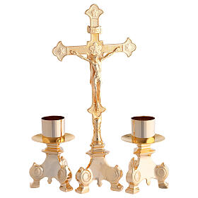 Double-sided altar cross and pair of golden candle holders 30x15 cm