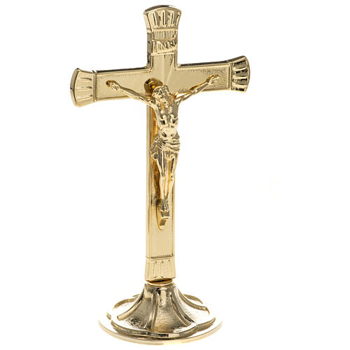 Altar cross on smooth and striped golden brass candlestick, 25 cm 2