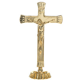 Golden brass cross on candelabra base with mixed decoration, 25 cm