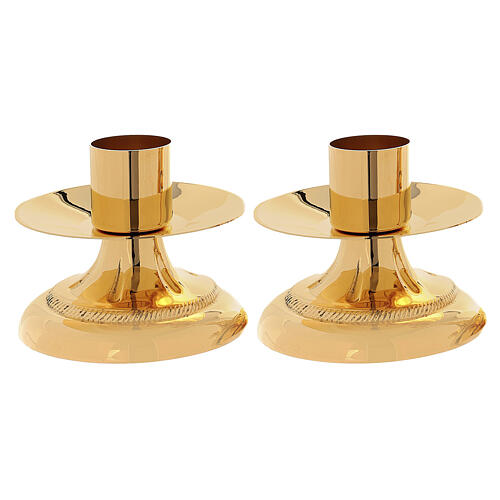 Golden brass altar candlestick with linear decoration, candle diameter 1.6 in 2