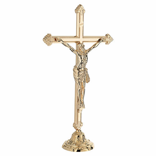 Croix sur chandelier décoré floral laiton doré 50 cm 4
