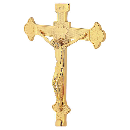 Croce altare base candeliere decoro rigato 25 cm ottone dorato 2