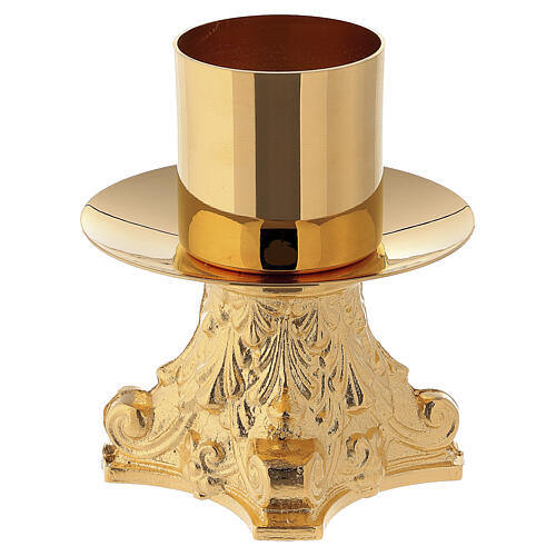 Candeliere altare base rococò bossolo diam 4 cm ottone dorato 1