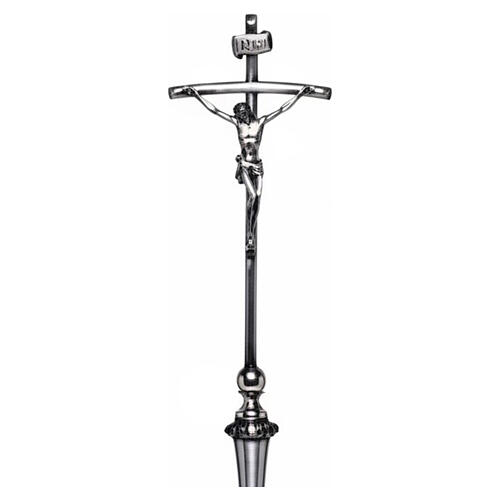 Altar crucifix in silver-plated metal, acanthus leaf decoration, H41cm 2