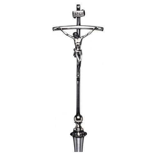 Cruz de altar plateada base barroca decoración hojas de acanto 65 cm 2