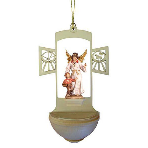 Holy Water font in painted wood, guardian angel 1