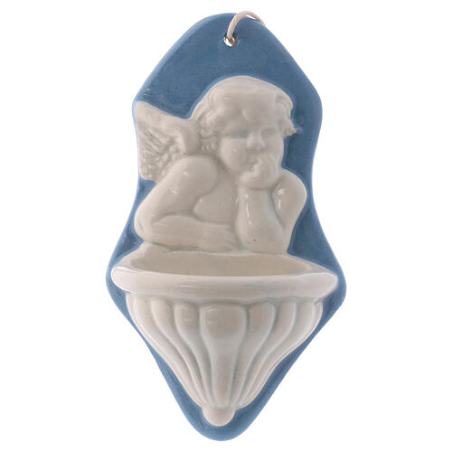 Kropielnica aniołek biały, tło błękitne, ceramika z Deruty 10x5x5 cm 1