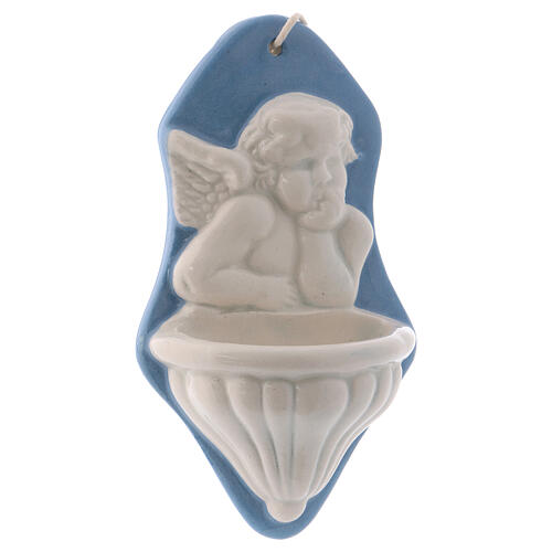 Kropielnica aniołek biały, tło błękitne, ceramika z Deruty 10x5x5 cm 2