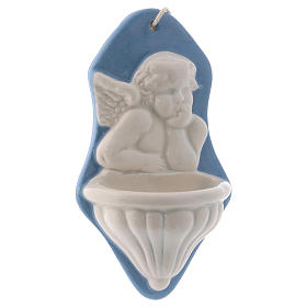 Angel with blue details holy water font made in Deruta 4 in