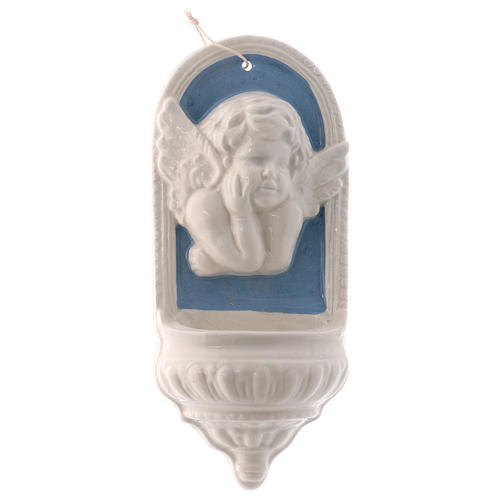 Angel with blue details holy water font made in Deruta 4 in 4