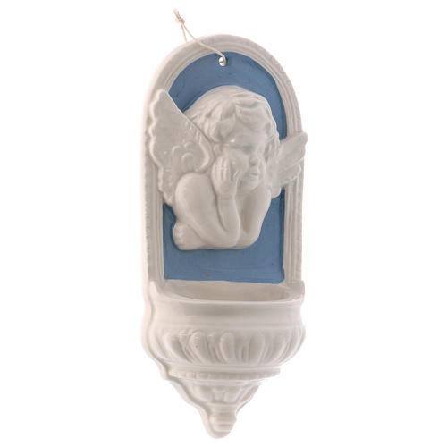Angel with blue details holy water font made in Deruta 4 in 5
