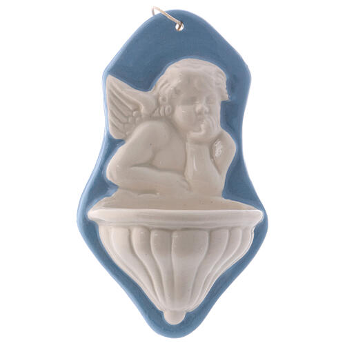 Stoup with angel bust on blue background in Deruta ceramic 14x8x4 cm 1
