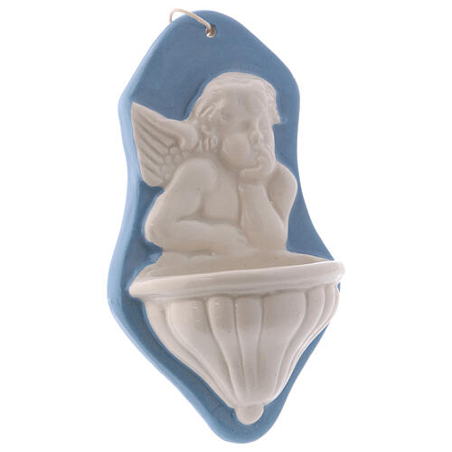 Stoup with angel bust on blue background in Deruta ceramic 14x8x4 cm 2